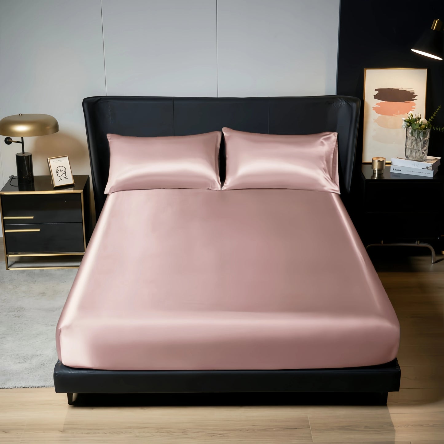 Upzo 100%Polyester 1Pcs Satin Surface Bedding Fitted Sheet(No Pillowcase)Elastic Band around Mattress Cover King Bed Cover Sheet