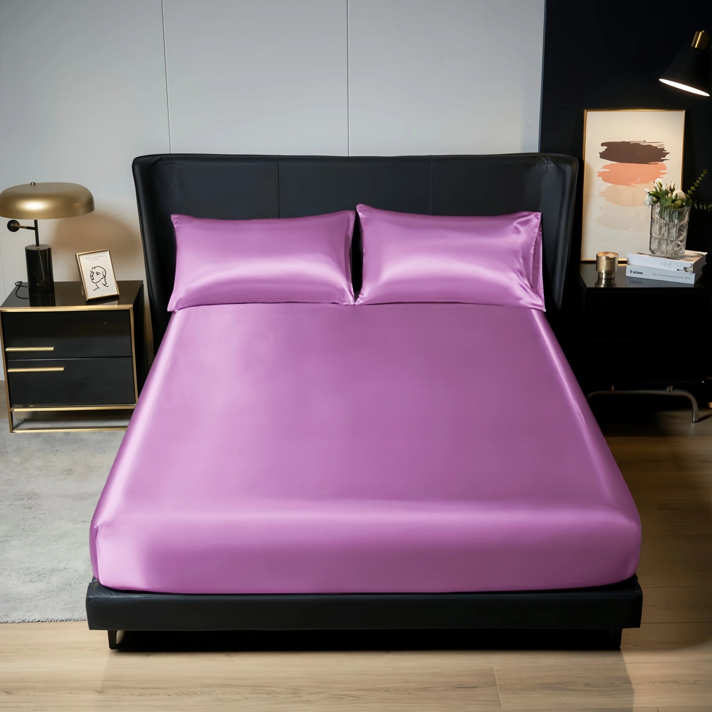 Upzo 100%Polyester 1Pcs Satin Surface Bedding Fitted Sheet（No Pillowcase）Elastic Band around Mattress Cover King Bed Cover Sheet