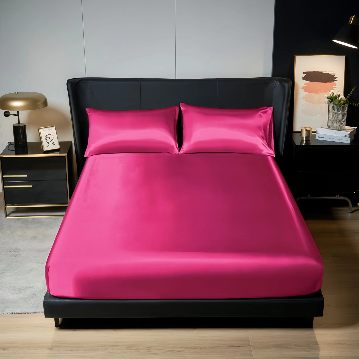 Upzo 100%Polyester 1Pcs Satin Surface Bedding Fitted Sheet（No Pillowcase）Elastic Band around Mattress Cover King Bed Cover Sheet