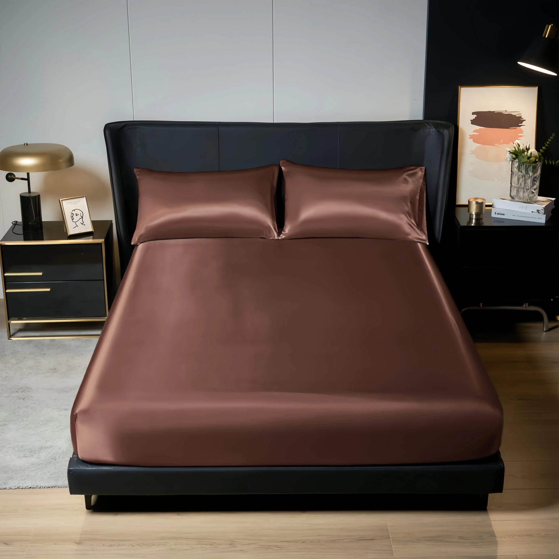 Upzo 100%Polyester 1Pcs Satin Surface Bedding Fitted Sheet（No Pillowcase）Elastic Band around Mattress Cover King Bed Cover Sheet