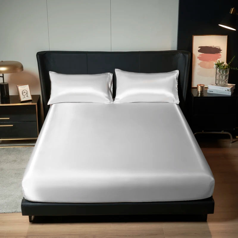Upzo 100%Polyester 1Pcs Satin Surface Bedding Fitted Sheet（No Pillowcase）Elastic Band around Mattress Cover King Bed Cover Sheet